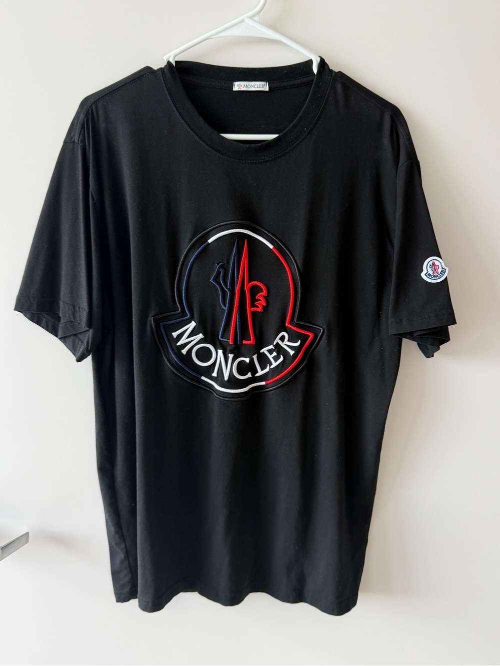 Moncler Black Short-Sleeve Logo Tee with Red, Blue and White Accents